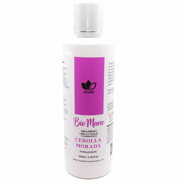 Shampoo de Cebolla Morada Kashvi Naturals frasco 250ml Textura shampoo cebolla morada natural Kashvi Aplicación shampoo fortalecedor cebolla morada Ingredientes naturales cebolla morada y quillay Kashvi
