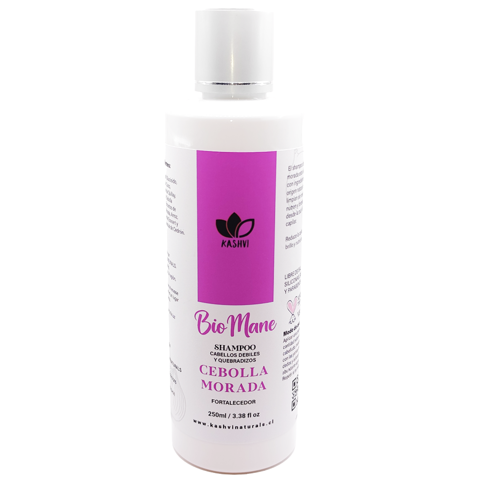 Shampoo de Cebolla Morada Kashvi Naturals frasco 250ml Textura shampoo cebolla morada natural Kashvi Aplicación shampoo fortalecedor cebolla morada Ingredientes naturales cebolla morada y quillay Kashvi